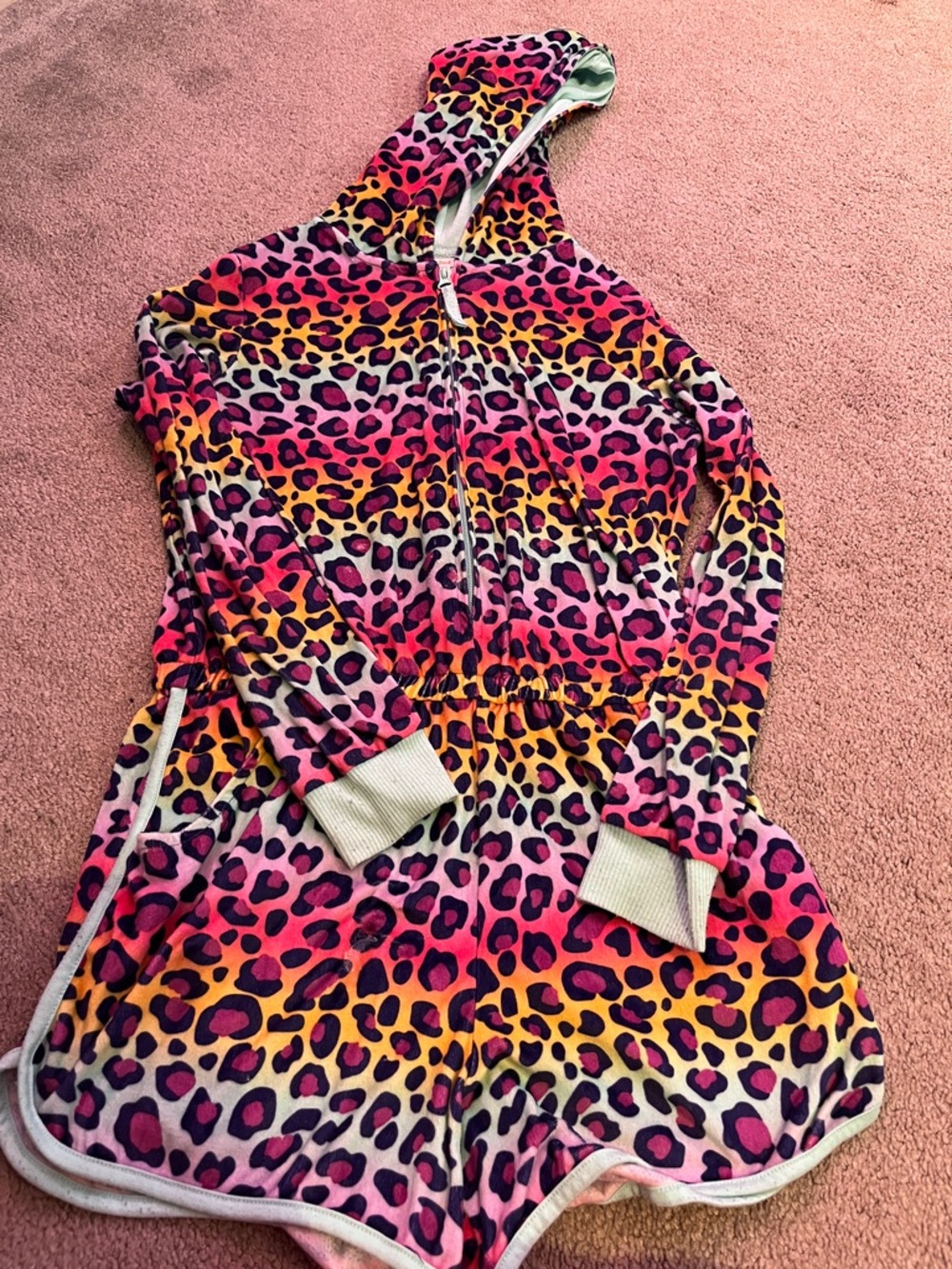 Women's Hooded Romper in Pink Yellow Leopard Print
